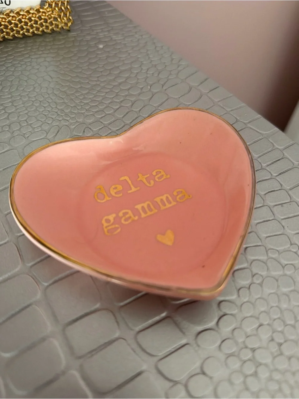 Delta Gamma Pink Heart Trinket Dish with Gold Trim